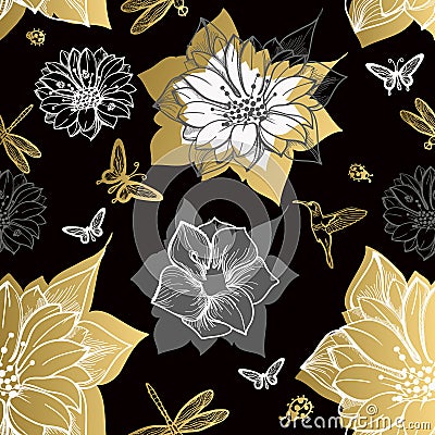 Seamless pattern flowers, butterflies, hummingbirds Vector Illustration