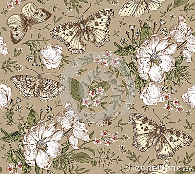 Butterflies seamless pattern insect Dogrose Rosehip Beautiful floral Flowers realistic Engraving drawing Vector Illustration moths Vector Illustration
