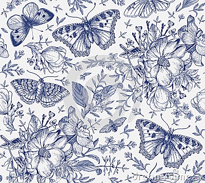 Butterflies seamless pattern insect Dogrose Rosehip Beautiful floral Flowers realistic Engraving drawing Vector Illustration moths Vector Illustration