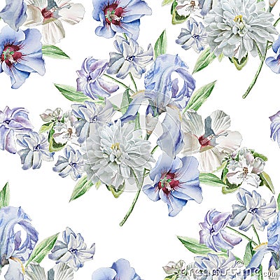 Seamless pattern with flowers. Chrysanthemum. Iris. Hyacinth. Watercolor illustration. Cartoon Illustration