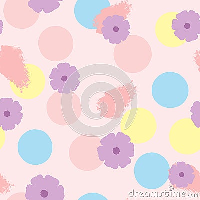 Seamless pattern with flowers, circles and brushstrokes. Drawn by hand. Watercolor, ink, sketch. Pastel. Vector Illustration