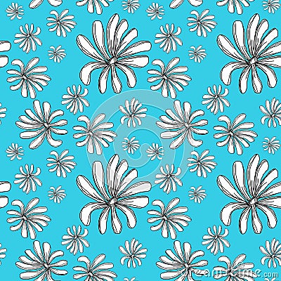 Seamless pattern with daisy flowers in doodle style, on a blue background Stock Photo