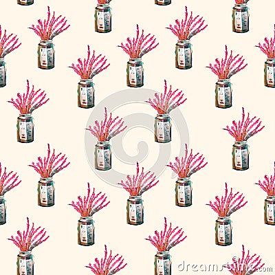 Seamless pattern with flowers in a glass jar on light background. hand made acrylic painting. Stock Photo