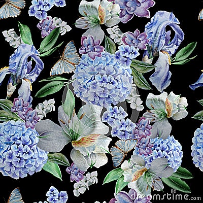 Seamless pattern with flowers. Iris. Alstroemeria. Hydrangea. Butterflies. Watercolor illustration. Cartoon Illustration