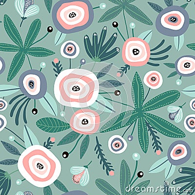 Seamless pattern with flowers, leaves. Creative floral green texture. Great for fabric, textile Vector Illustration Vector Illustration