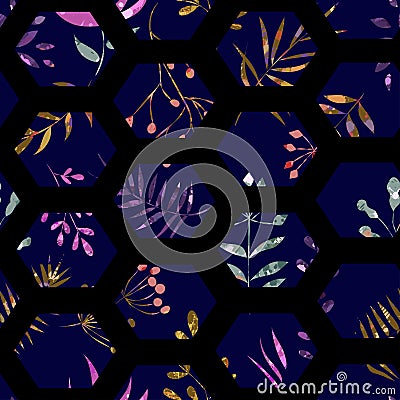 Seamless pattern flowers and leaves in hexagons Stock Photo
