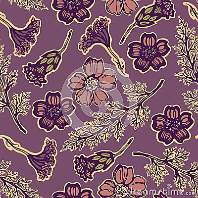 Seamless pattern with flowers, leaves, inflorescences, buds of yarrow, field medicinal plants. Hand drawn. Vector Illustration
