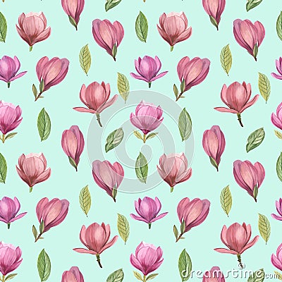 Seamless pattern of flowers and leaves of magnolia. Cartoon Illustration