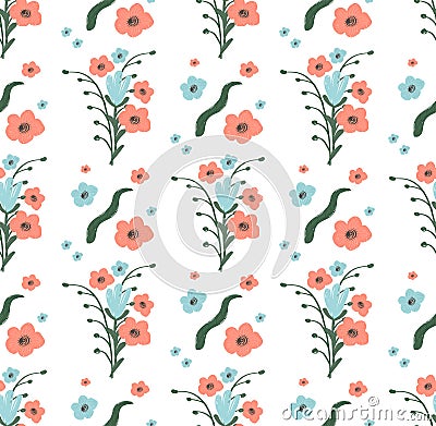 Seamless Pattern of Flowers with Leaves on White Vector Illustration