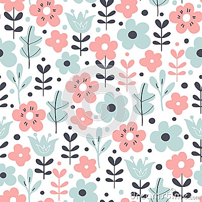 Seamless pattern with flowers and leaves. Vector floral background. Vector Illustration