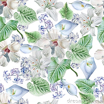 Seamless pattern with flowers. Lily. Calla. Hibiscus. Watercolor illustration. Cartoon Illustration