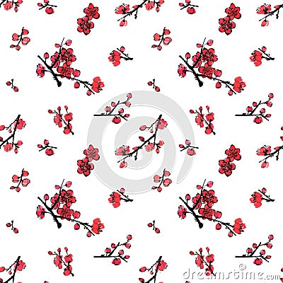 Seamless pattern with flowers of plum mei on white background. Cartoon Illustration