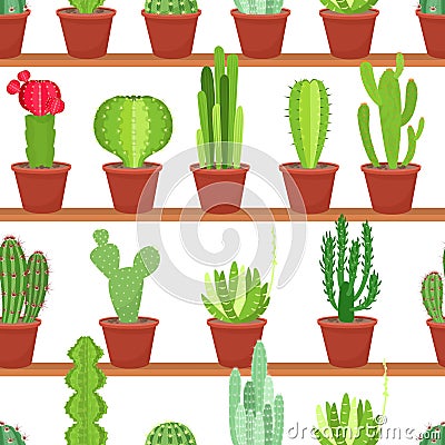 Seamless pattern of flowers pots with cacti and succulents. Vector illustration Vector Illustration