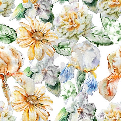 Seamless pattern with flowers. Rose. Blossom. Iris. Watercolor. Stock Photo