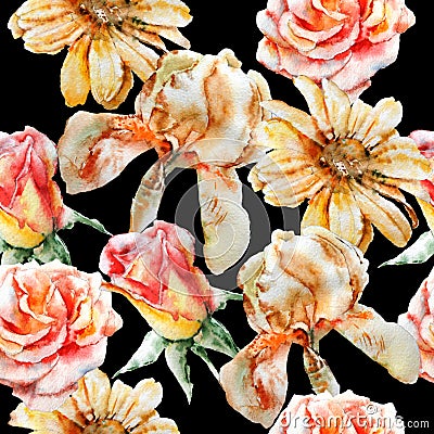 Seamless pattern with flowers. Rose. Iris. Watercolor. Stock Photo