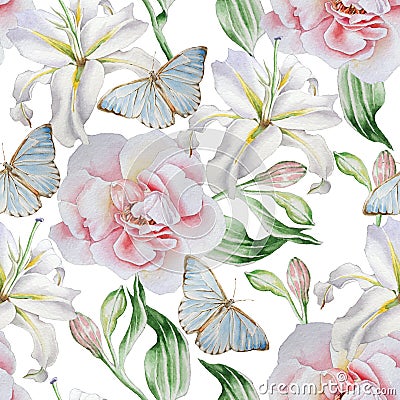 Seamless pattern with flowers. Rose. Lilia. Butterfly. Watercolor illustration. Cartoon Illustration