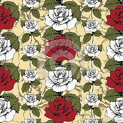 Seamless pattern of flowers roses. Red and white roses Woven, ornate. Yellow background with flowery patterns. Twisted buds, leave Vector Illustration