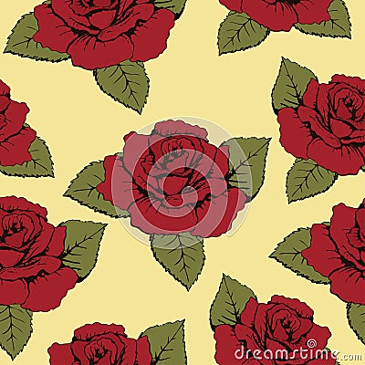 Seamless pattern of flowers roses, texture. Red buds, petals, green leaves on a yellow background. Wallpaper, paper, wrapper, pack Vector Illustration