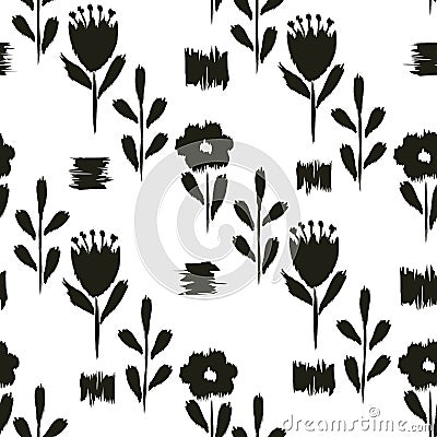 seamless pattern of flowers wrinkled edges, black and white background. Fabric design, interior, wallpaper, underwear, cover Vector Illustration