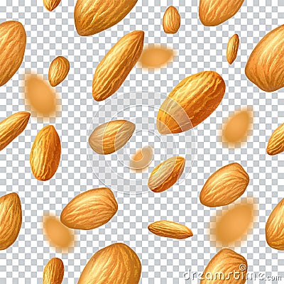 Seamless pattern with flying almonds on transparent background. Realistic illustration. Template for print and packa Cartoon Illustration