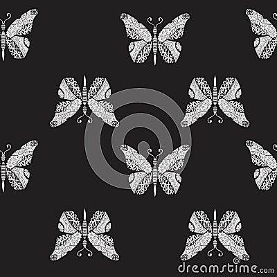 Seamless pattern with flying butterflies on a black background Vector Illustration