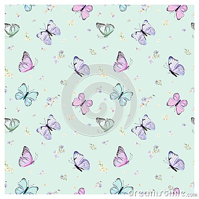 Seamless Pattern with Flying Butterflies and Pansy Flowers in Watercolor Style. Beauty in Nature. Background for Fabric, Textile Vector Illustration