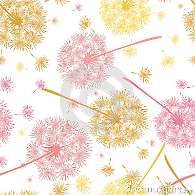 Seamless pattern of flying dandelions in pink and yellow colors. Endless floral texture of delicate flowers Vector Illustration