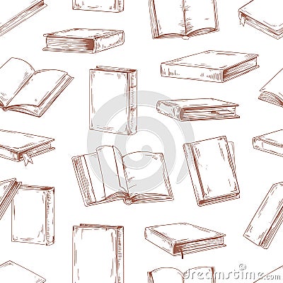 Seamless pattern with flying open and close books in hardbacks on white background. Endless library texture with old Vector Illustration