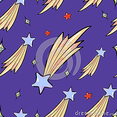 Seamless pattern of flying stars cartoon style vector illustration on dark blye night sky Vector Illustration