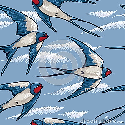 Seamless pattern with flying swallows Vector Illustration