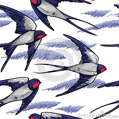 Seamless pattern with flying swallows Vector Illustration