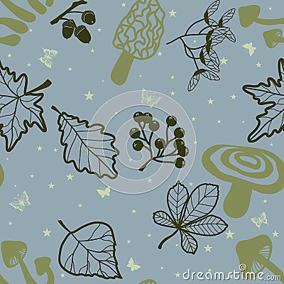 Seamless pattern with foliage, berry, mushroom. background Vector Illustration