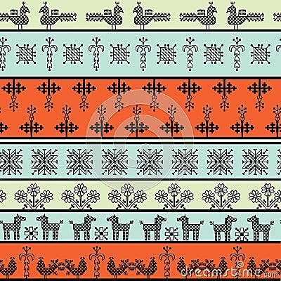 Seamless pattern folk embroidery, black blue orange greenbackground. Collection of flowers, birds, peacocks, horse, symbols earth Vector Illustration