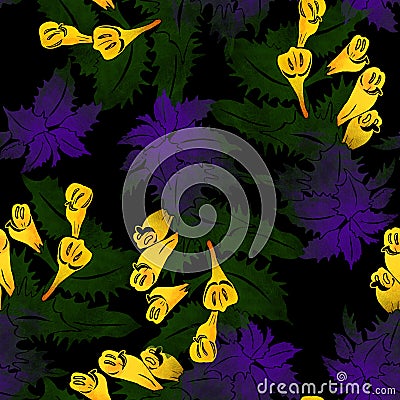 Seamless pattern with forest herb with purple leaves and yellow flowers Stock Photo