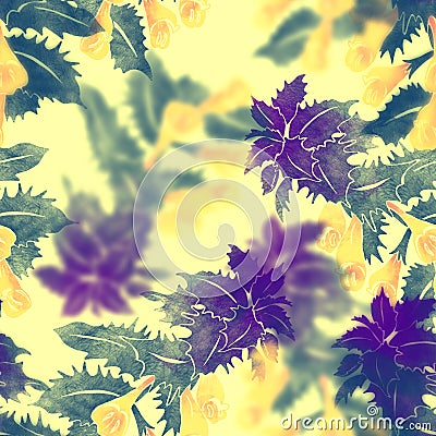 Seamless pattern with forest herb with purple leaves and yellow flowers Stock Photo