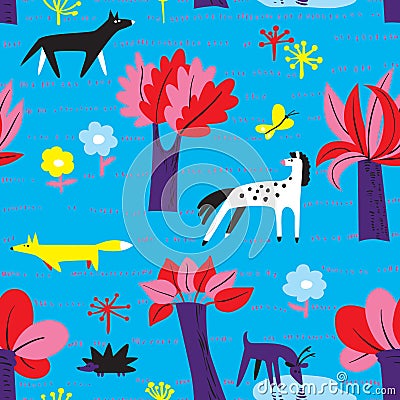 Seamless pattern with forest inhabitants. Background with wild a Vector Illustration