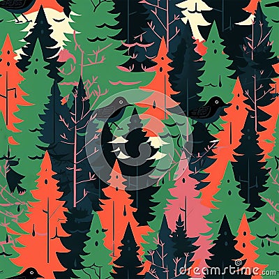 Seamless Pattern of Forest Wildlife with Painted Crows, Fir Trees and Tree Branches. The Repeating Design is Good for Wallpaper, Stock Photo