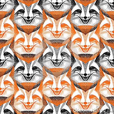 Seamless pattern with fox face. sly fox smiles. black and orange. Liar, dodger, mischievous, hoaxer. archetype in Vector Illustration