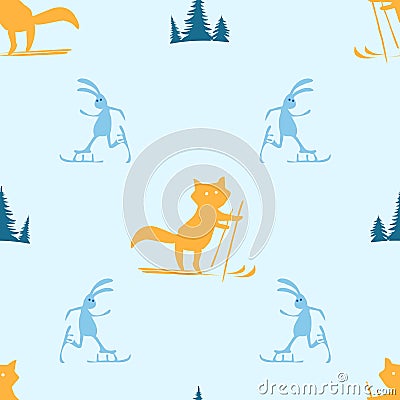 Seamless pattern with fox and hare skiing Vector Illustration