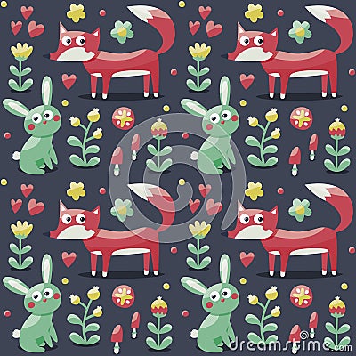 Seamless pattern fox, rabbit, hare, flowers, animals, plants, mushrooms, hearts Vector Illustration