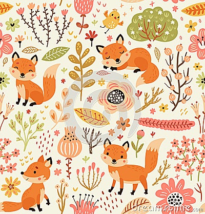 Seamless pattern with foxes and flowers. Vector Illustration