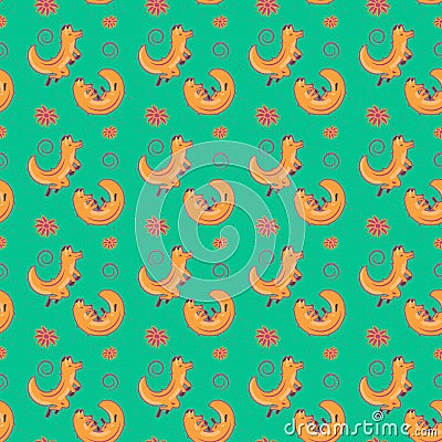 Seamless pattern foxes in spring . Flowers in spring green orange Stock Photo