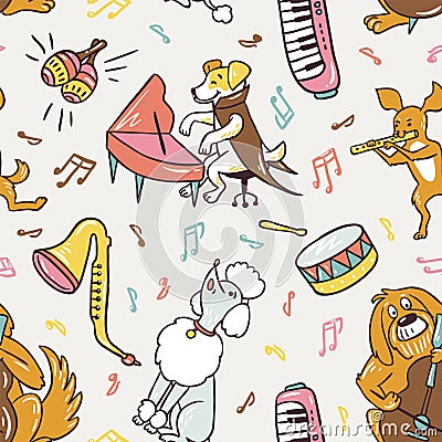 Seamless pattern. Freehand drawing cute musical dogs. Vector illustration. Vector Illustration