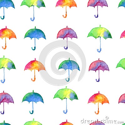 Seamless pattern with fresh bright watercolor umbrellas. Cartoon Illustration