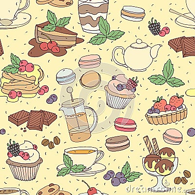 Seamless pattern fresh desserts with coffee, tea, berry, ice cre Vector Illustration