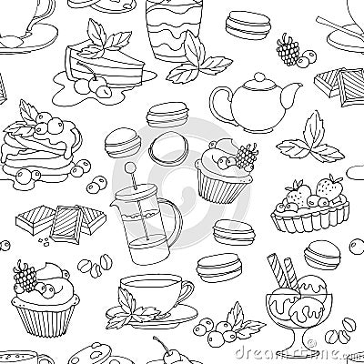 Seamless pattern fresh desserts with coffee, tea, berry, ice cre Vector Illustration