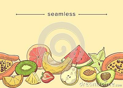 Seamless Pattern with Fresh Fruits Slices, Doodle Composition with Lime or Lemon, Strawberry, Papaya, Plum and Carambola Vector Illustration