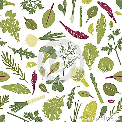 Seamless pattern with fresh green plants, vegetables, salad leaves and herbs on white background. Backdrop with healthy Vector Illustration