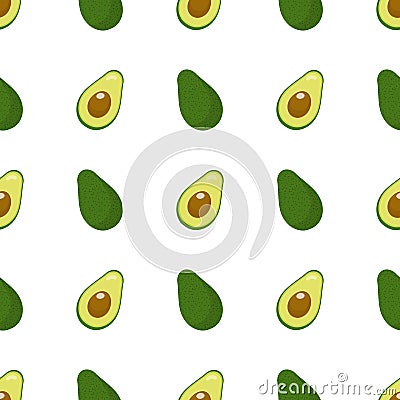 Seamless pattern with fresh half and whole avocado isolated on white background. Organic food. Cartoon style. Vector illustration Vector Illustration