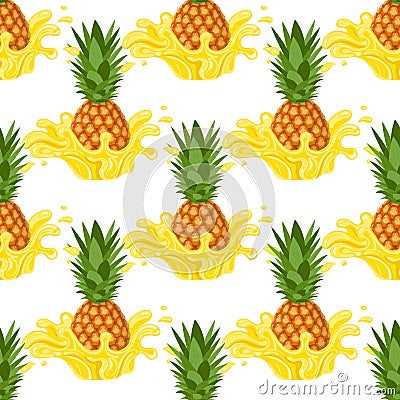 Seamless pattern with fresh pineapple yellow juice splash burst isolated on white background. Summer fruit juice. Vector Vector Illustration